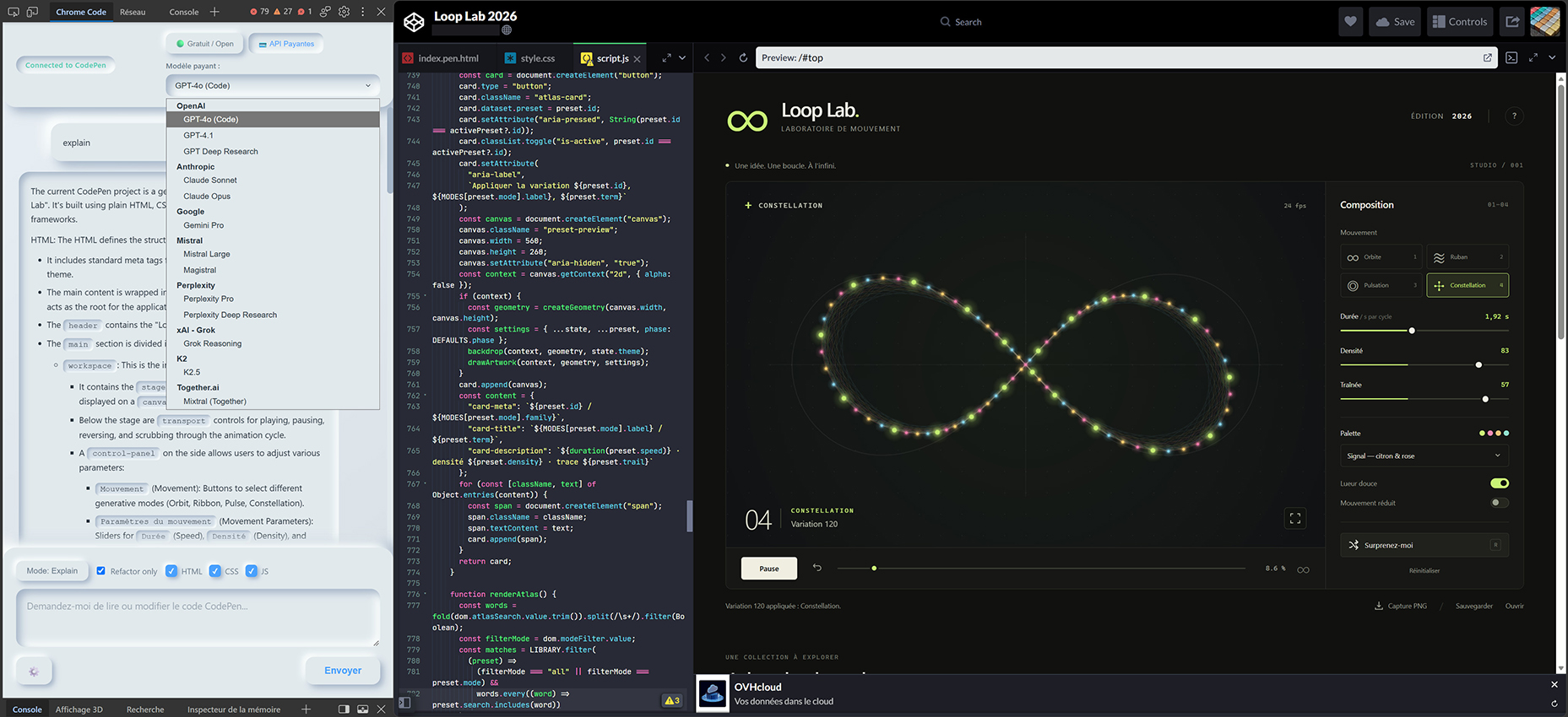 Interface de l’extension Chrome Code dans les DevTools avec CodePen 2.0